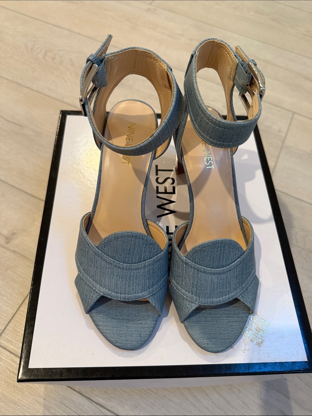 Nine West Light Blue Denim Ankle Strap Heels